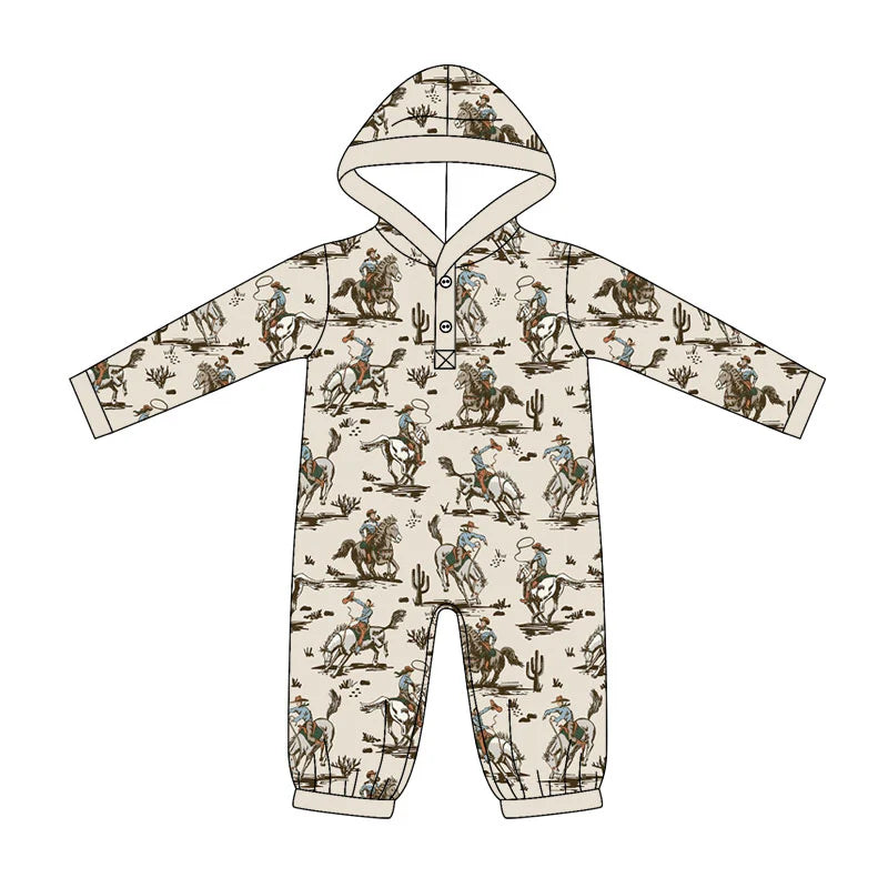 ( Moq 5 ) Preorder Baby Boys Infant Long Sleeves Western Rodeo Hoodie Buttons Romper