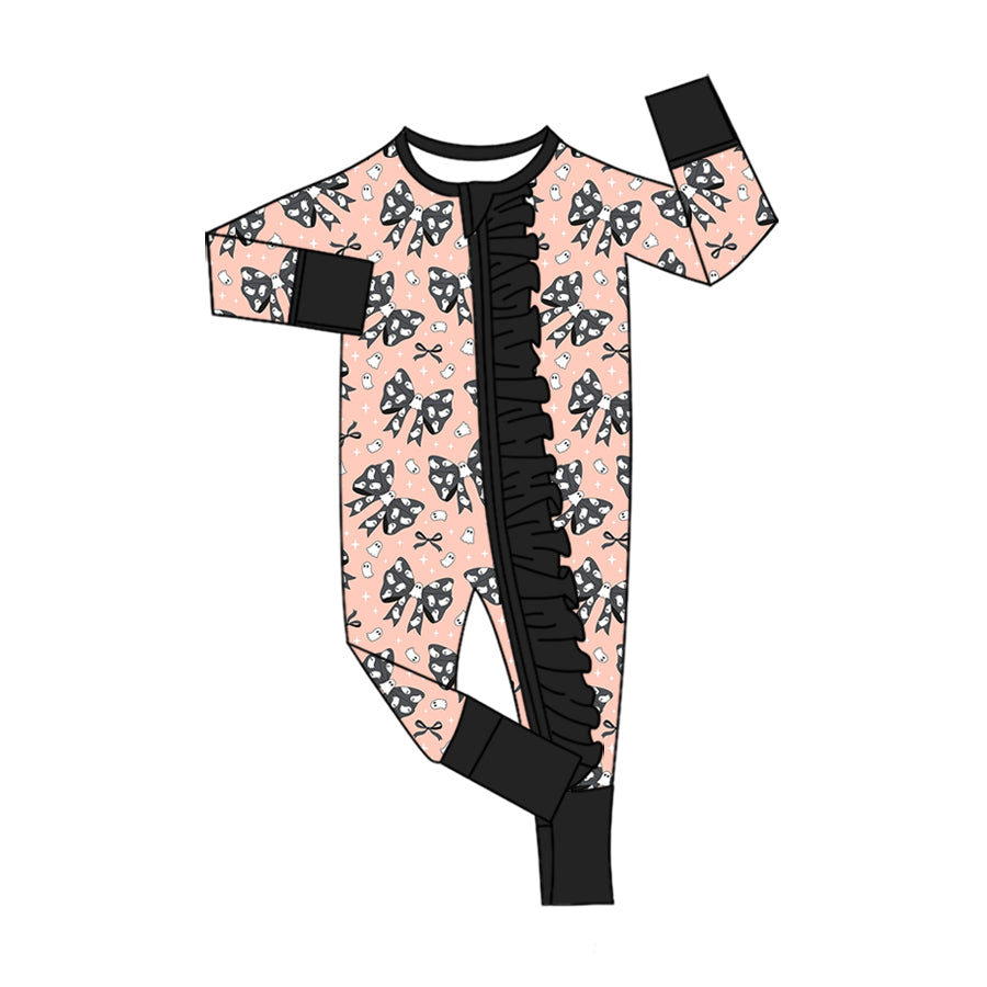 ( Moq 5 ) Preorder Baby Girls Ghosts Bows Zipper Footie Sleeper Romper Halloween Clothes