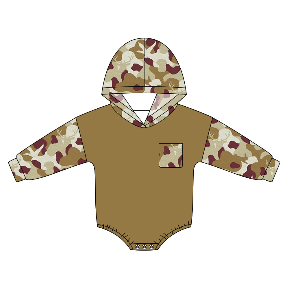 ( Moq 5 ) Preorder Baby Boys Long Sleeves Deer Ducks Camo Pocket Hoodie Bubble Romper