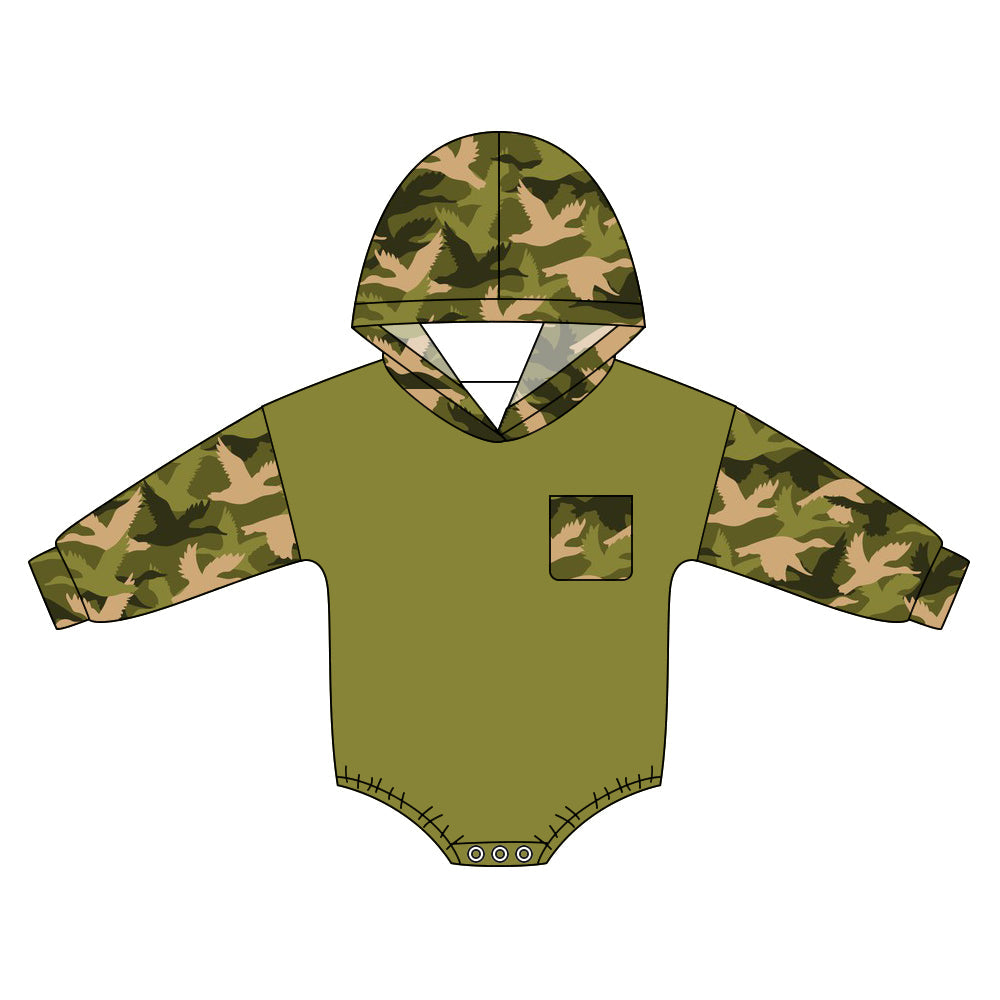 ( Moq 5 ) Preorder Baby Boys Long Sleeves Ducks Camo Pocket Hoodie Green Bubble Romper