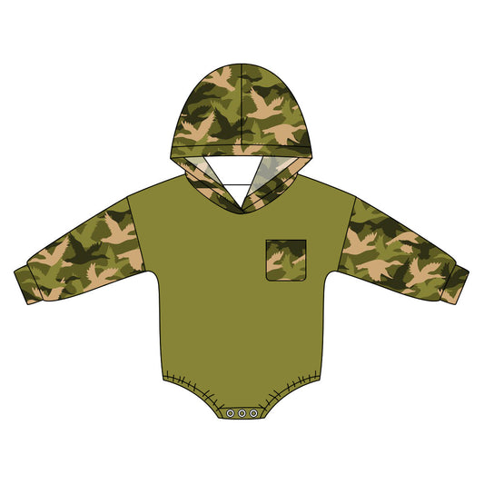 ( Moq 5 ) Preorder Baby Boys Long Sleeves Ducks Camo Pocket Hoodie Green Bubble Romper