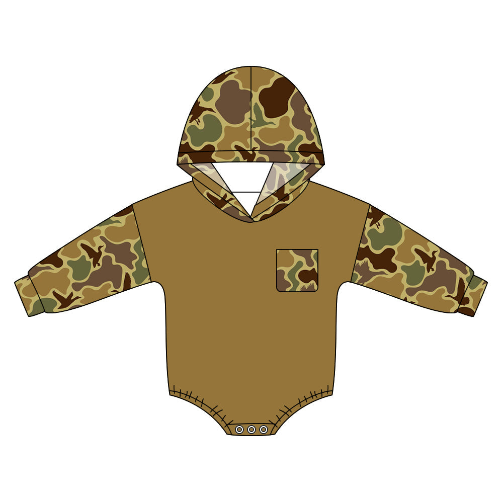 ( Moq 5 ) Preorder Baby Boys Infant Long Sleeves Ducks Camo Pocket Hoodie Bubble Romper