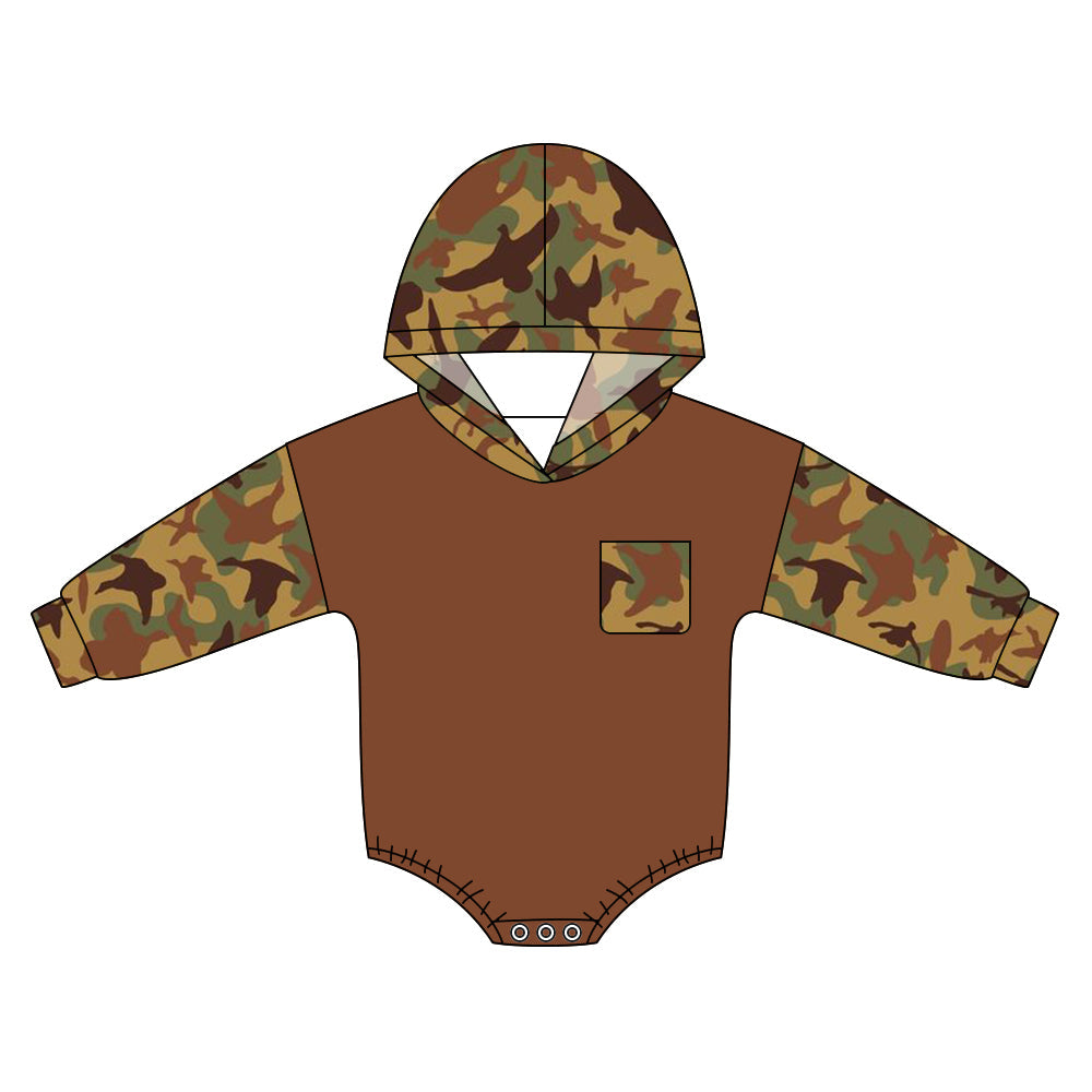 ( Moq 5 ) Preorder Baby Boys Long Sleeves Ducks Camo Pocket Hoodie Bubble Romper