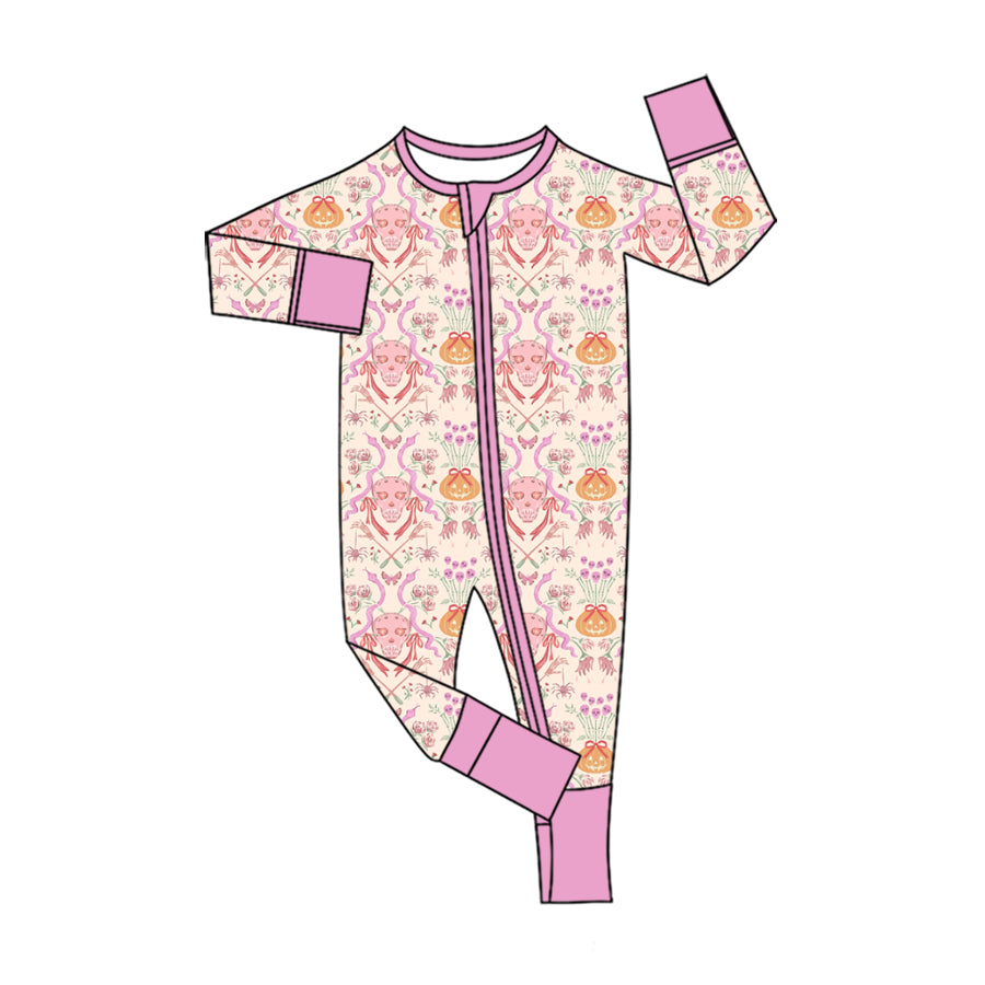 ( Moq 5 ) Preorder Baby Girls Ghosts Pumpkins Bows Halloween Two-way Zipper Footie Sleeper Romper