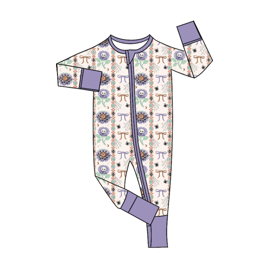 ( Moq 5 ) Preorder Baby Girls Ghosts Bows Flower Halloween Two-way Zipper Footie Sleeper Romper