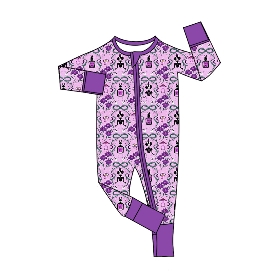 ( Moq 5 ) Preorder Baby Girls Flower Bows Halloween Two-way Zipper Footie Sleeper Purple Romper