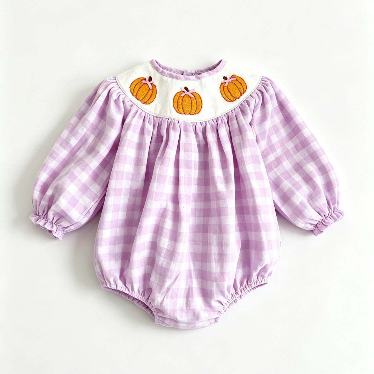 ( No moq ) Preorder Baby Girls Infant Long Sleeve Pumpkins Bows Plaid Bubble Romper