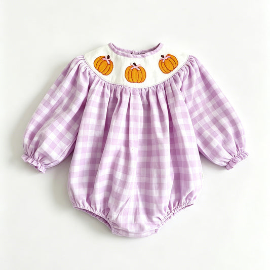 ( Moq 5 ) Preorder Baby Girls Infant Long Sleeve Pumpkins Bows Plaid Bubble Romper