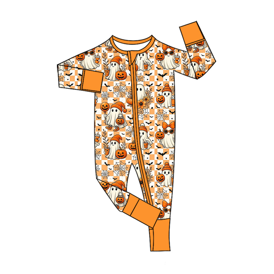 ( No moq ) Preorder Baby Girls Kids Long Sleeves Halloween Ghosts Pumpkins Zipper Footie Sleeper Romper