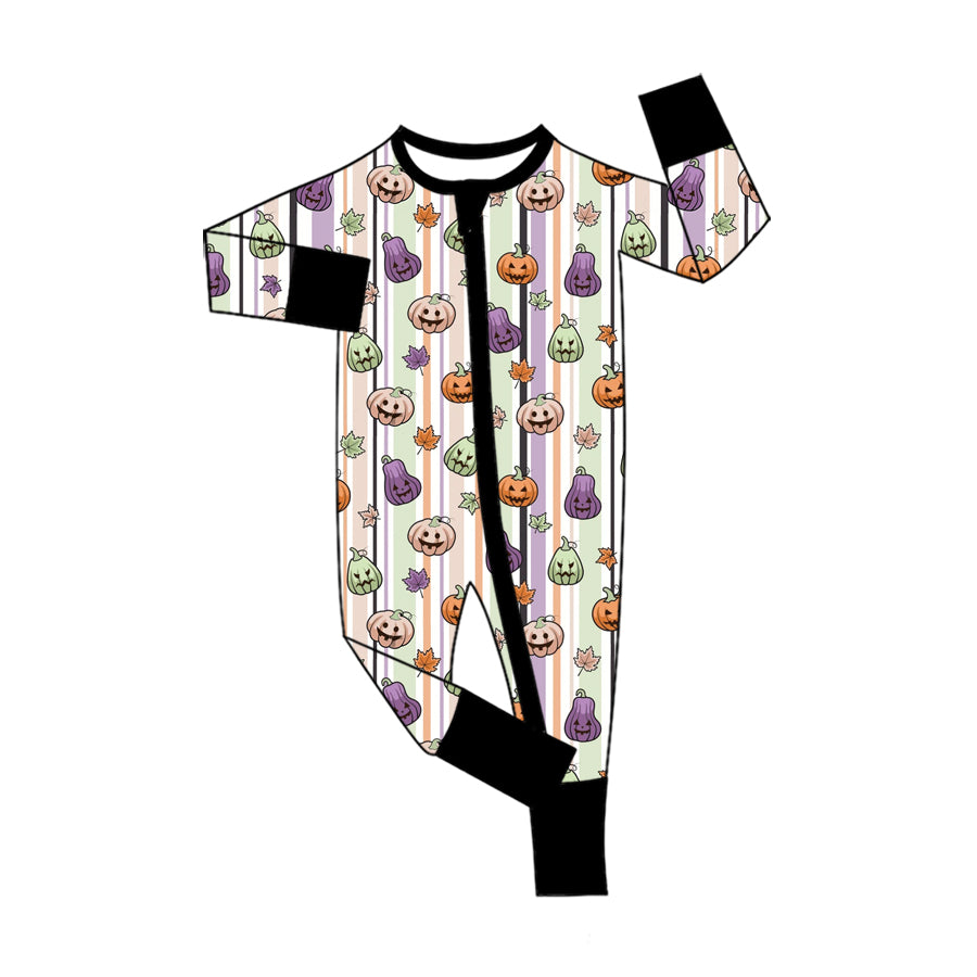 ( No moq ) Preorder Baby Kids Long Sleeves Halloween Pumpkins Stripes Zipper Footie Sleeper Romper