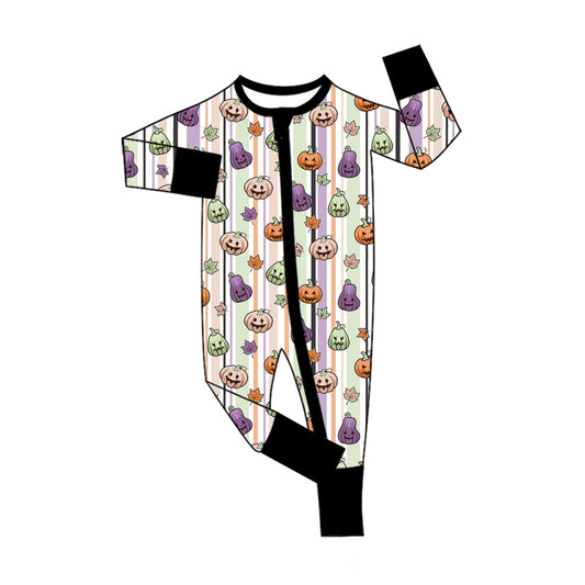 ( No moq ) Preorder Baby Kids Long Sleeves Halloween Pumpkins Stripes Zipper Footie Sleeper Romper