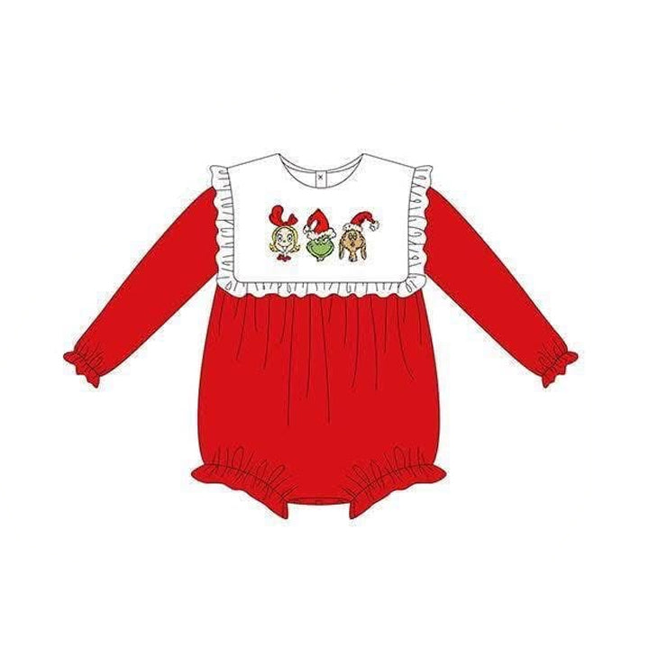 ( No moq ) Preorder Baby Girls Kids Long Sleeves Christmas Green Face Bubble Romper Clothes