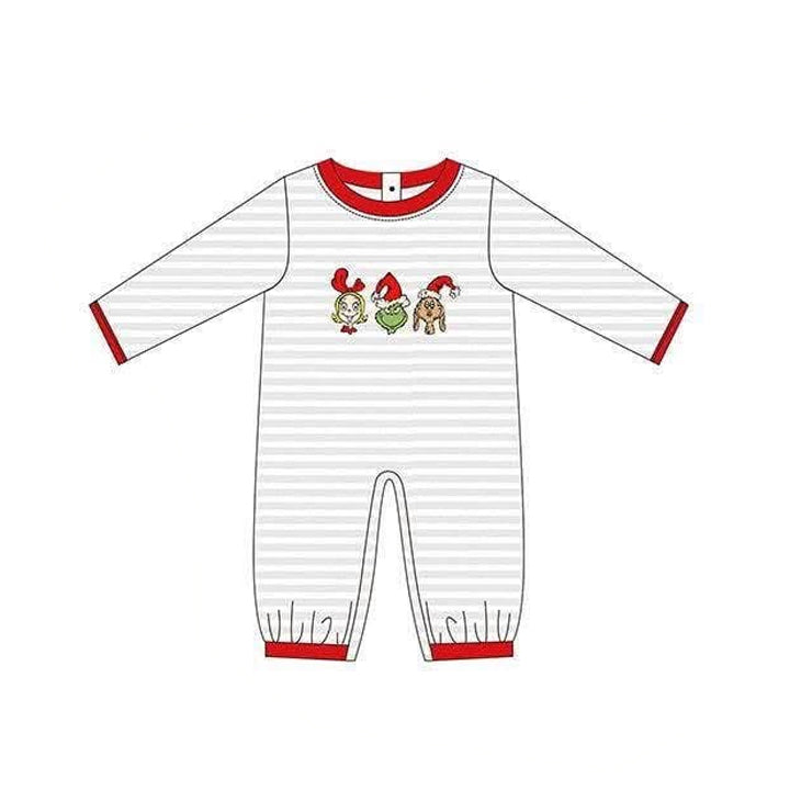 ( No moq ) Preorder Baby Boys Kids Long Sleeves Christmas Green Face Stripes Romper Clothes