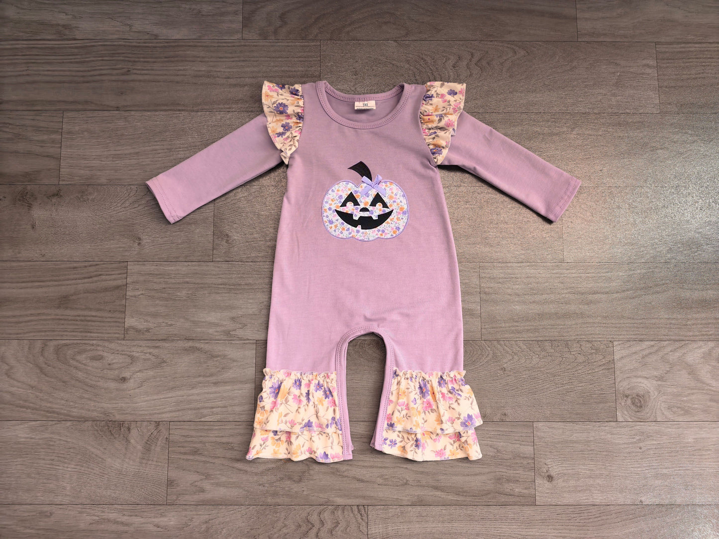 ( No moq ) Preorder Baby Kids Infant Embroidery Halloween Pumpkin Bow Flower Purple Romper Clothes