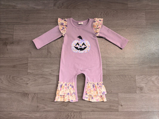 ( No moq ) Preorder Baby Kids Infant Embroidery Halloween Pumpkin Bow Flower Purple Romper Clothes