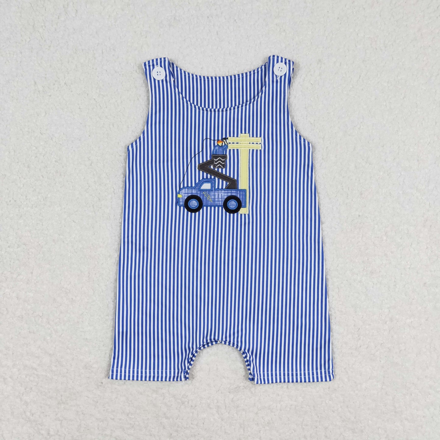 Baby Infant Boys Embroidery Line Man Truck Blue Stripes Sleeveless Romper