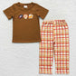 BSPO0143 Thanksgiving Baby Boy Short Sleeves Embroidery turkey Pie Shirt Plaid Pants Outfit