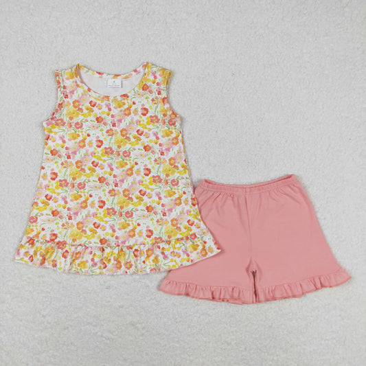 Baby Girl Sleeveless Floral Tops Pink Cotton Shorts Set