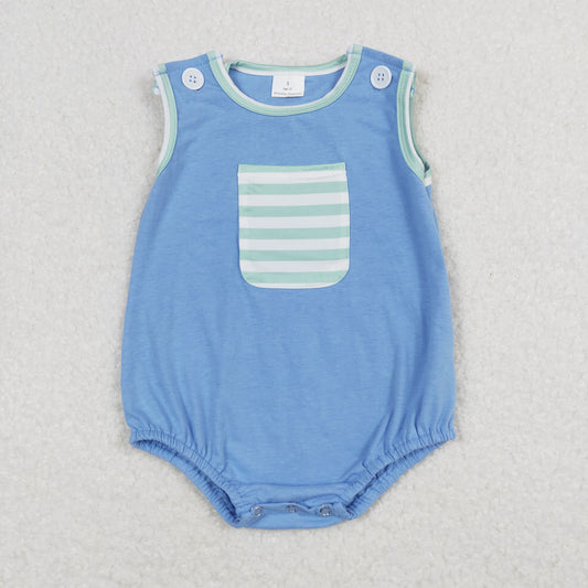 Baby Boy Sleeveless Stripes Pocket Blue Bubble One Piece Summer Romper