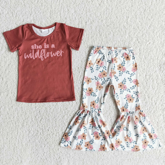 Promotion Baby Girl She Is A Wildflower Shirt Floral Bell Pants Set