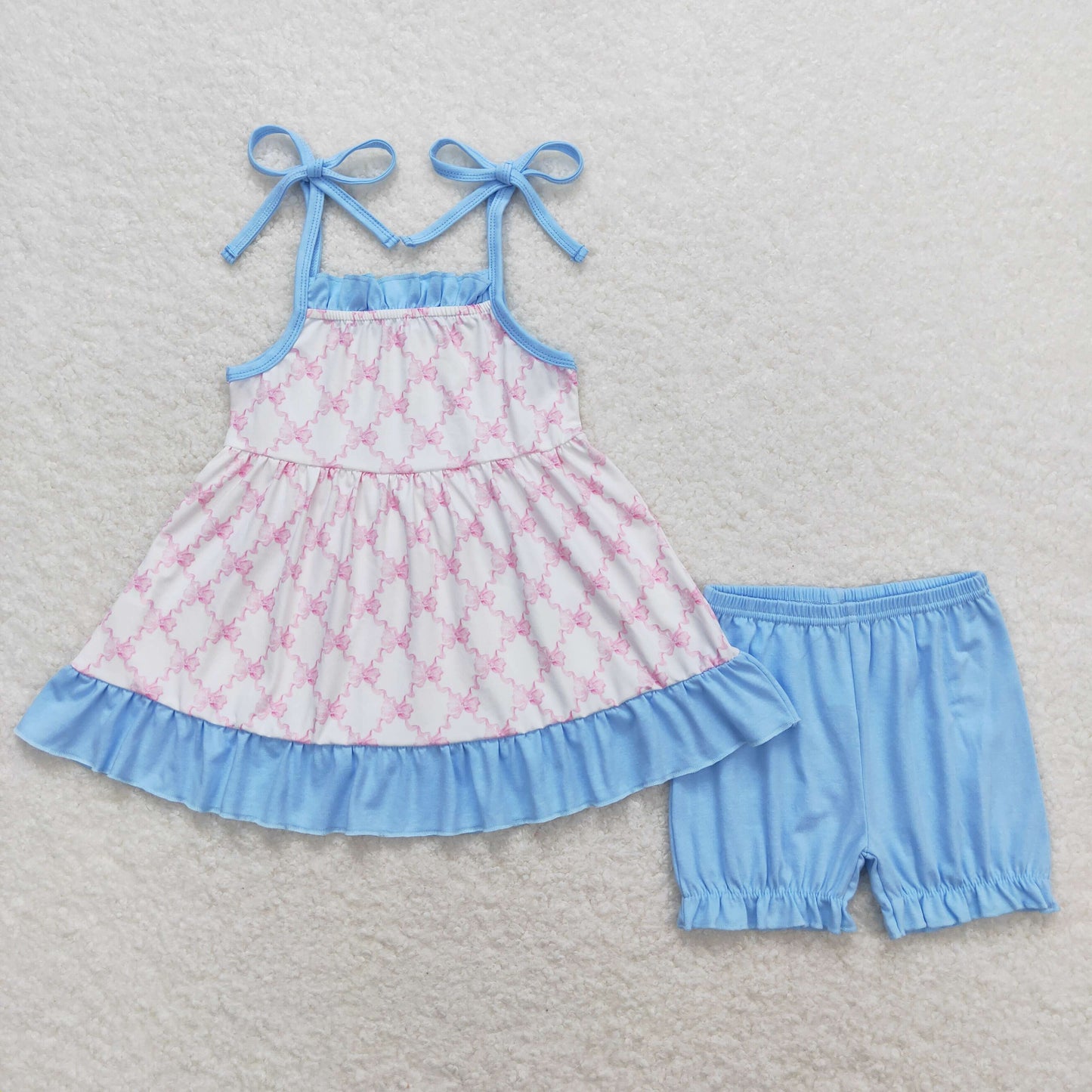 Baby Girl Summer Sleeveless Pink Bows Tops Blue Shorts Set