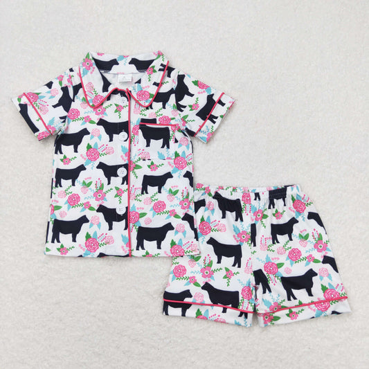 Baby Girl Short Sleeves Cow Floral Pocket Buttons Shirt Shorts Pajamas Summer Set