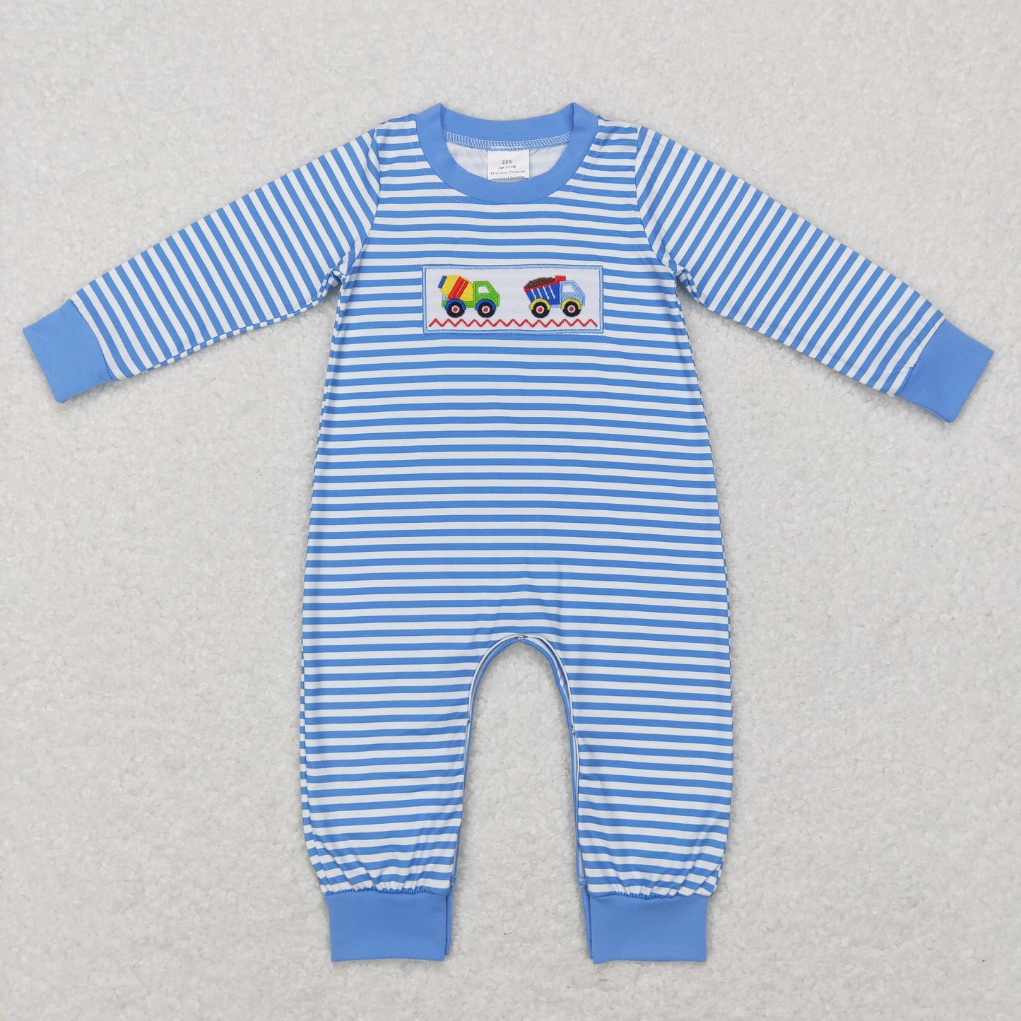 LR0750 Baby Boy Long Sleeves Construction Embroidery Stripes Blue One Piece Romper