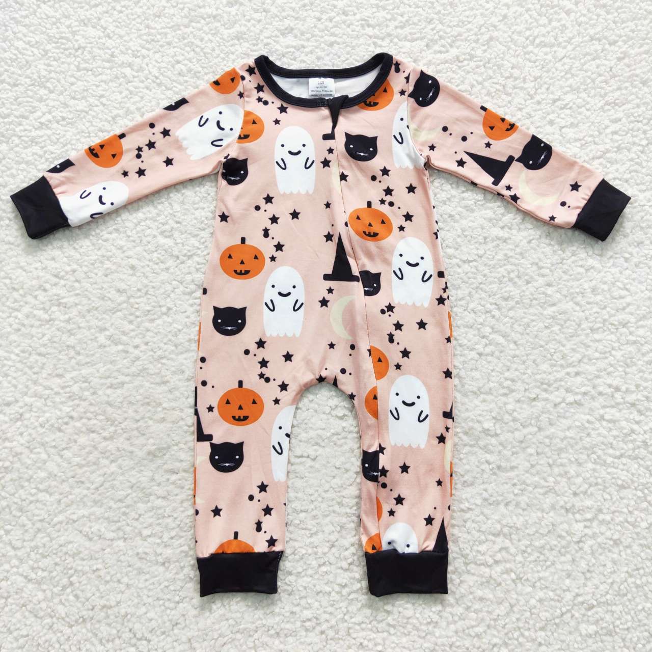 LR0474 Baby Kids Long Sleeves Zipper Halloween Ghost Pumpkin One Piece Romper