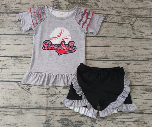 Moq 5 Baby Girl Grey Short Sleeves Baseball Tops Ruffle Shorts Set