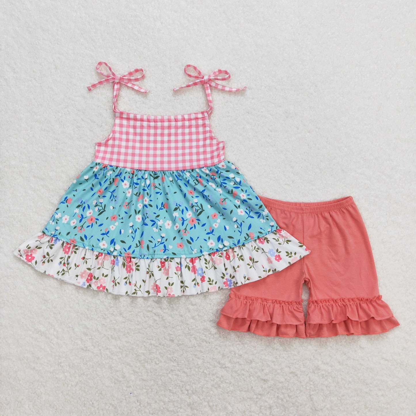 Baby Girl Sleeveless Floral Plaid Tunic Shorts Summer Set