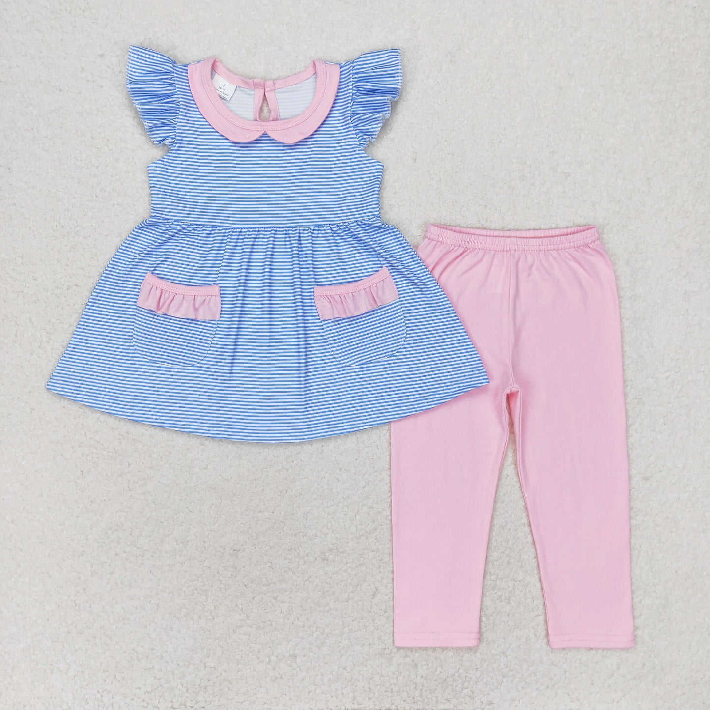 Baby Girl Short Sleeves Stripes Pocket Tops Pink Cotton Pants Set