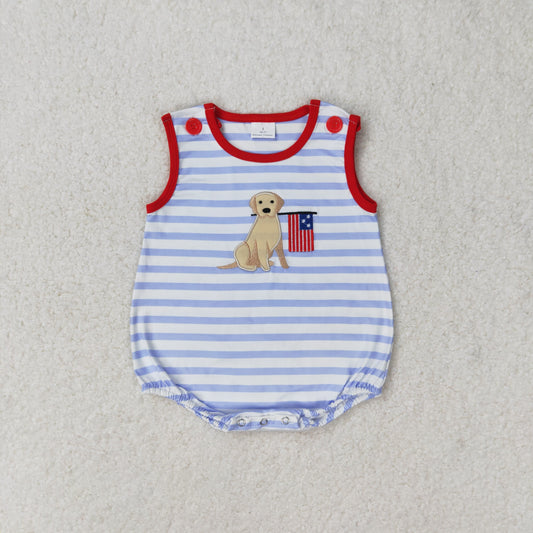 Baby Boy Sleeveless Embroidery Dog Blue Stripes July 4th One Piece Romper