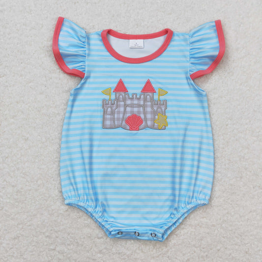 Baby Girl Short Sleeves Embroidery Castle Stripes Bubble One Piece Romper