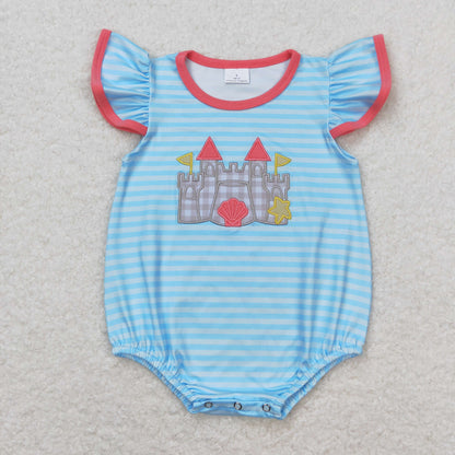 Baby Boy Sleeveless Embroidery Castle Stripes Blue Bubble One Piece Romper