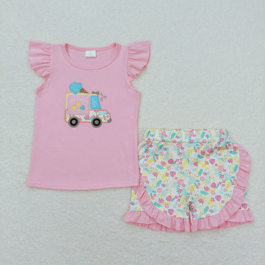 Baby Girl Embroidery Popsicle Pink Shirt Floral Shorts Summer Set