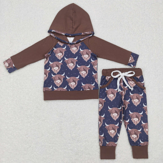 BLP0365 Baby Boy Long Sleeves Western Cow Hoodie Pullover Pants Outfit