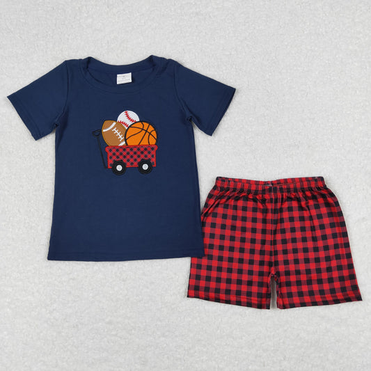 Baby Boy Short Sleeves Embroidery Shirt Plaid Shorts Ball Game Set