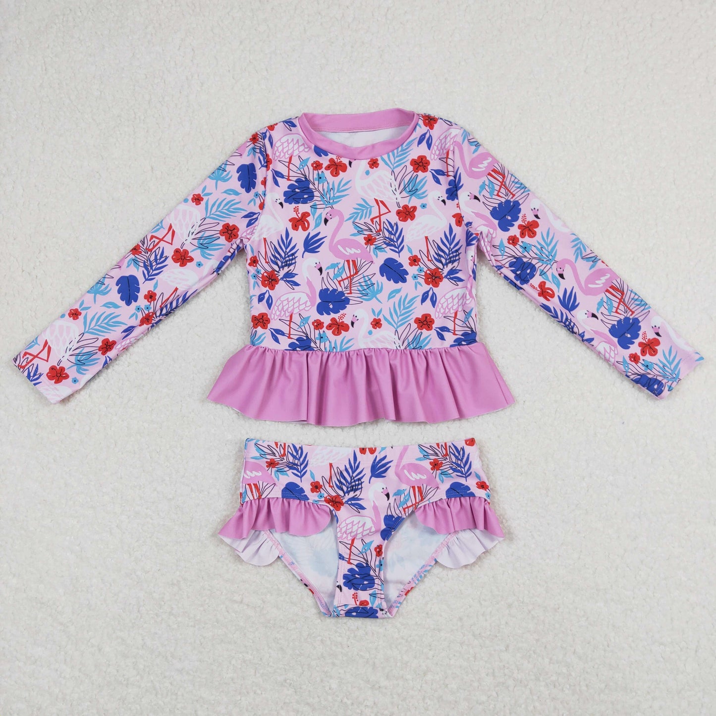 Baby Girl Long Sleeves Flamingo Floral Tops Shorts Set Summer Swimsuit