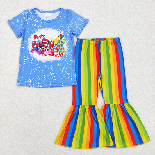 GSPO0924 Baby Girl Short Sleeves Dr Shirt Colorful Stripes Bell Pants Outfit