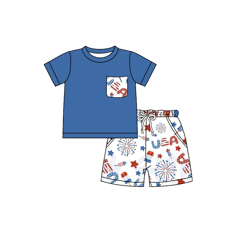 Moq 3 Pre-order BSSO0766 Baby Boy Short Sleeves Blue Shirt Shorts July 4th Set