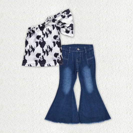 Baby Girl One Shoulder Cow Print Tops Blue Denim Bell Pants Western Set