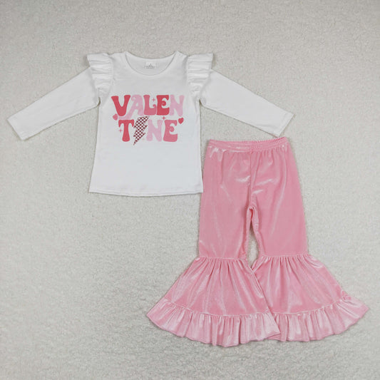 Baby Girl Long Sleeves Shirt Valentine's Pink Velvet Bell Pants Set