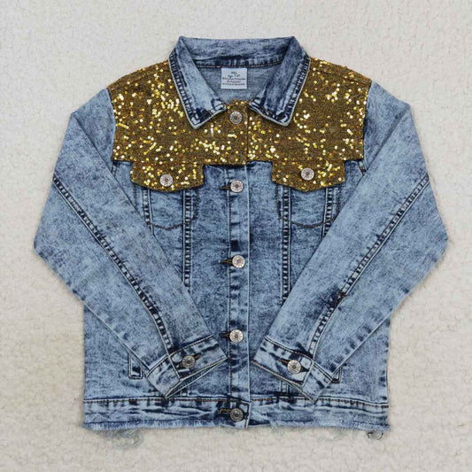 GT0351 Baby Girl Long Sleeves Pocket Denim Jacket Sequins Coat