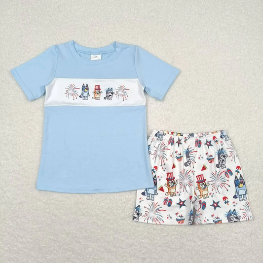 Baby Boy Blue Short Sleeves Shirt Dogs Shorts July 4th Set