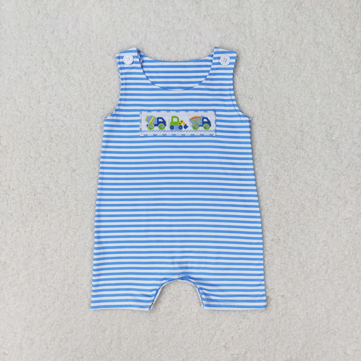 Baby Boy Embroidery Constructions Blue Stripes One Piece Romper