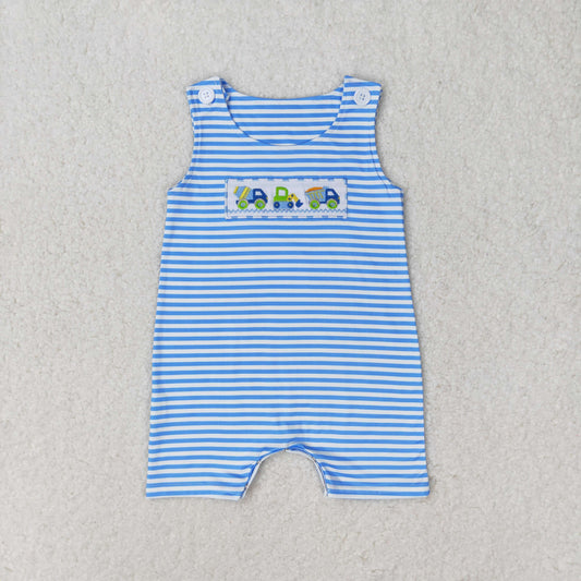 Baby Boy Embroidery Constructions Blue Stripes One Piece Romper