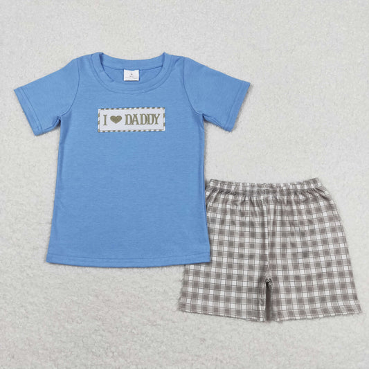 Baby Boy Blue Short Sleeves Embroidery I Love Daddy Blue Shirt Plaid Shorts Summer Set