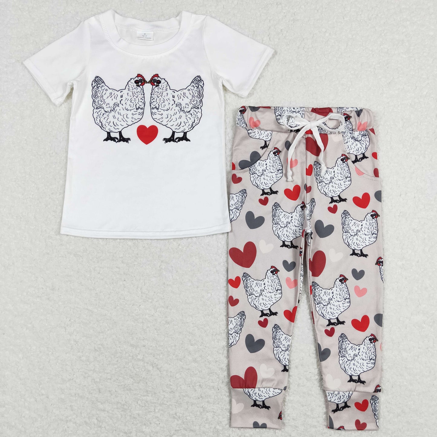 BSPO0221 Baby Boy Short Sleeves Shirt Valentine's Day Chicken Hearts Pocket Pants Set