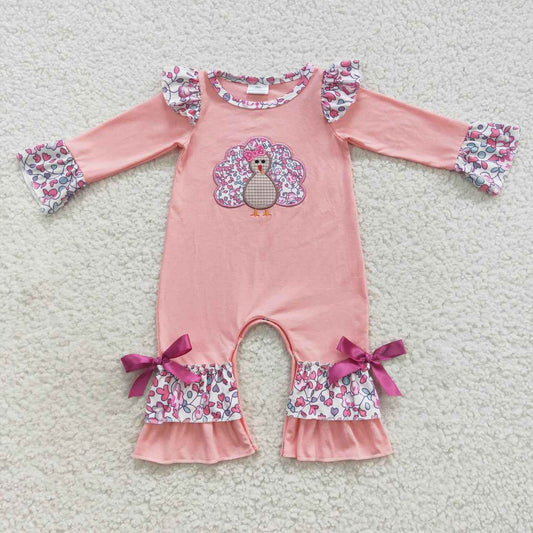 LR0358 Baby Girl Long Sleeves One Piece Thanksgiving Embroidery turkey Floral Pink Romper