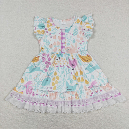 GSD0701 Easter Baby Girl Short Sleeves Rabbit Chicken Eggs Floral Dress